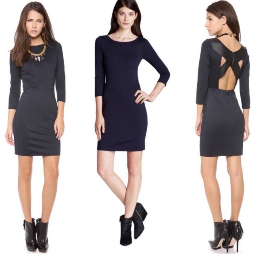 Alice + Olivia Xenah Navy Black Lamb Leather Sheath Cut-Out Dress $390 Size 4